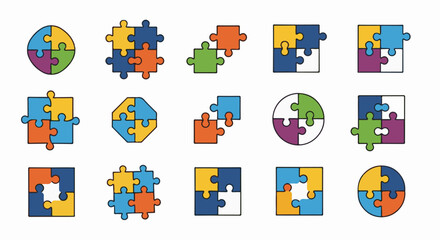 Naklejka premium Diverse puzzle pieces arrangements and shapes in colorful patterns