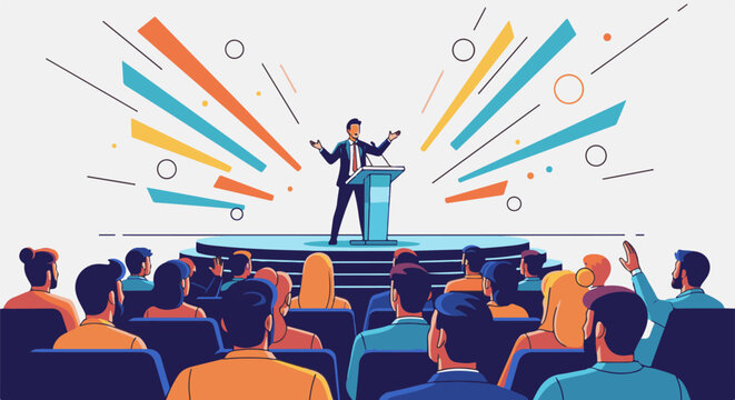 Speaker on podium addresses an audience seated in rows, abstract background