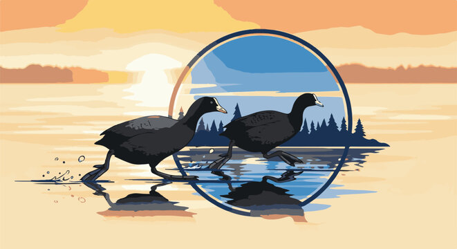 Two coots run across a reflective surface with a sunset sky and oval frame