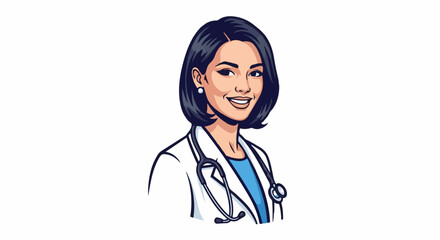 Fototapeta premium Cartoon woman doctor wearing a white coat and stethoscope, smiling