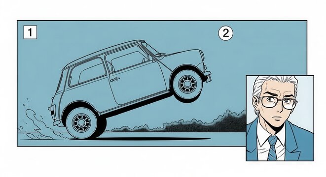 Mini Cooper car doing a wheelie, man in suit inset