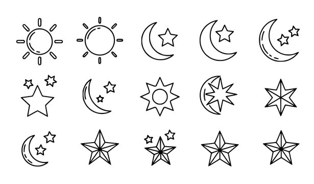 Day night icon set sun moon stars outline vector editable stroke