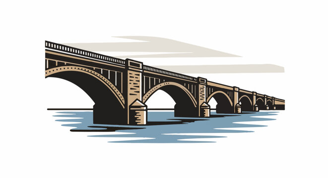A stone bridge with multiple arches spans a body of water under a cloudy sky