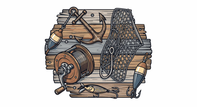 Assortment of fishing gear and maritime anchor displayed on weathered wooden planks