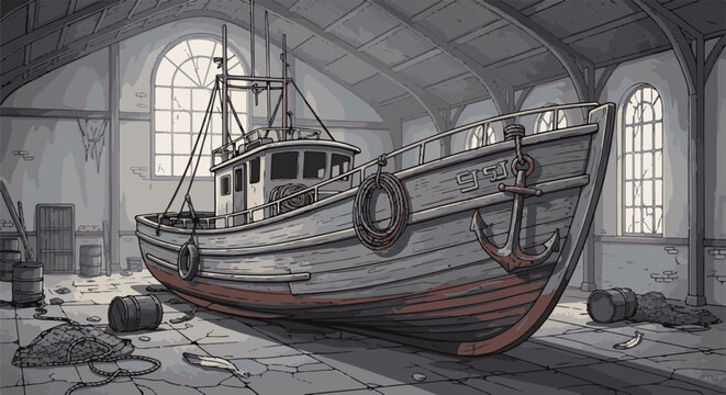 Old fishing trawler rests in a dusty, sunlit shipyard interior