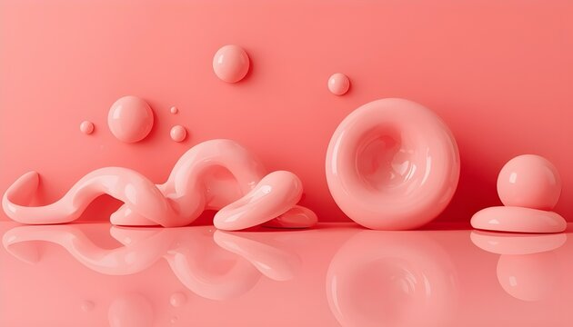 A vibrant pink background with various shiny pink objects of different shapes and sizes, including spheres and abstract forms, arranged in a visually appealing composition.