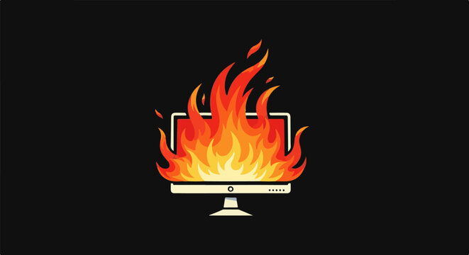 A computer monitor is engulfed in bright, intense flames against a black background