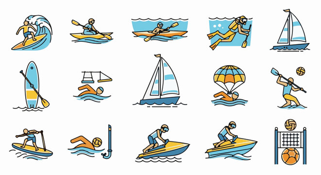 Diverse water and beach activities depicted in colorful icons