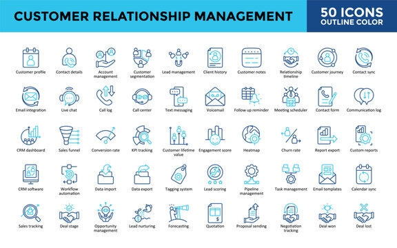 Customer Relationship Management icons set with customer profile, account management, customer segmentation, lead management, customer lifetime value icon. Simple outline color vector 
