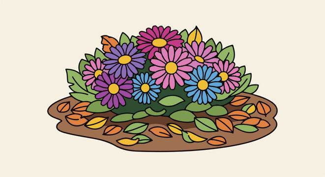 Colorful flowers bloom amidst fallen autumn leaves on a soft beige background