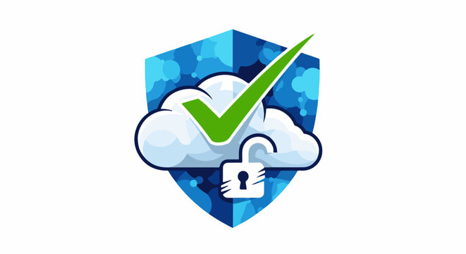 Digital cloud shield with checkmark and unlocked padlock