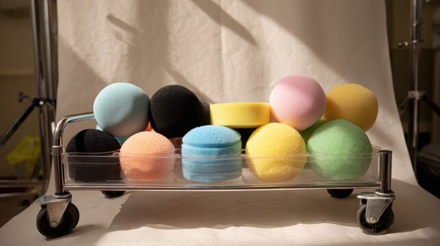 Assortment of Colorful Makeup Sponges and Cosmetic Applicators Arranged Neatly on a Display Tray