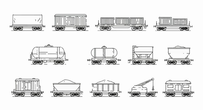 Diverse selection of freight train cars, including tankers, containers, and open hoppers