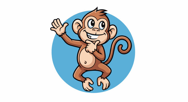 A cartoon monkey with brown fur and a curly tail is waving