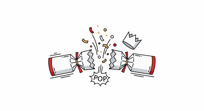 Festive cracker bursts open with confetti, crown, and POP