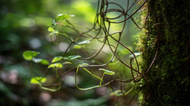 Delicate vine tendrils with green leaves winding around a mossy tree trunk in a lush forest environment