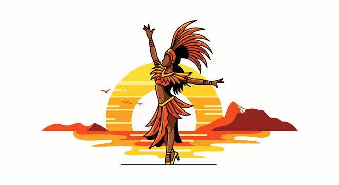 Festive dancer in vibrant costume on sunset beach with distant mountains and birds