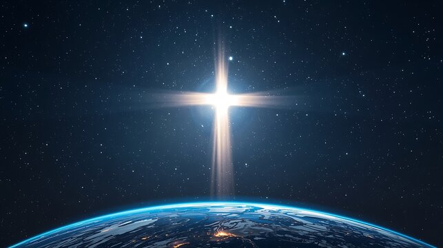 Glowing Cross in Heavens Over Earth with Stars and Spiritual Light of Hope