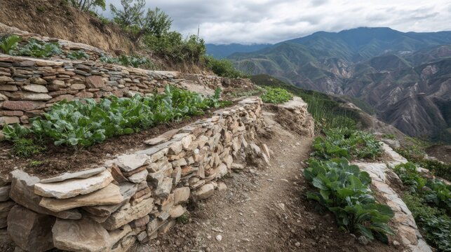 Extensive agricultural terraces constructed with stone walls on a lush green mountainside, showcasing traditional farming practices.