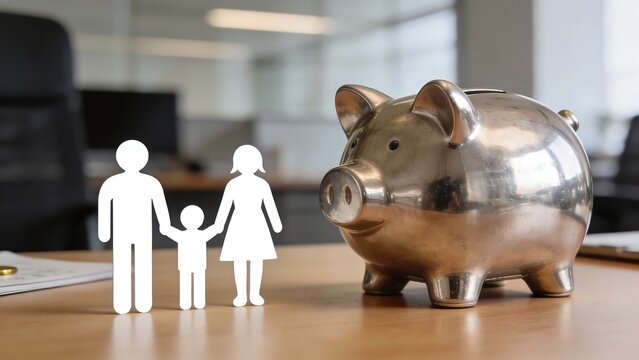 Generative Ai a shiny metallic piggy bank with paper family figures on a desk