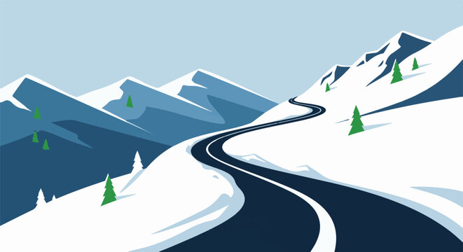 Winding mountain road through snow-covered peaks with evergreen trees