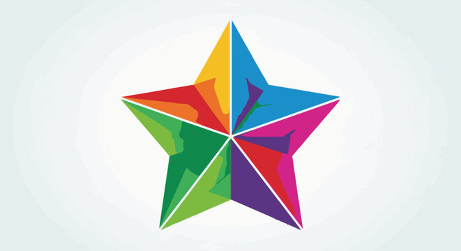 A multicolored star shape formed from triangular segments on a light background