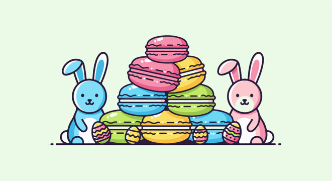 Adorable bunnies and a stack of colorful macarons with Easter eggs