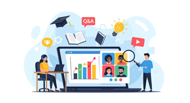 Online learning and remote collaboration illustrated with a laptop screen showing video calls, charts, and educational icons.