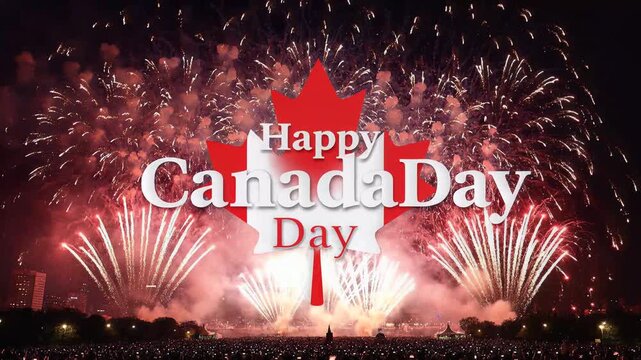 Fireworks display with red maple leaf silhouette against night sky