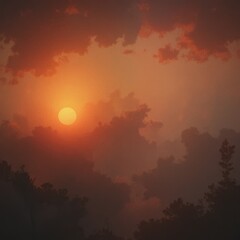 Fototapeta premium A serene sunset scene with the sun peeking through clouds and trees in the foreground