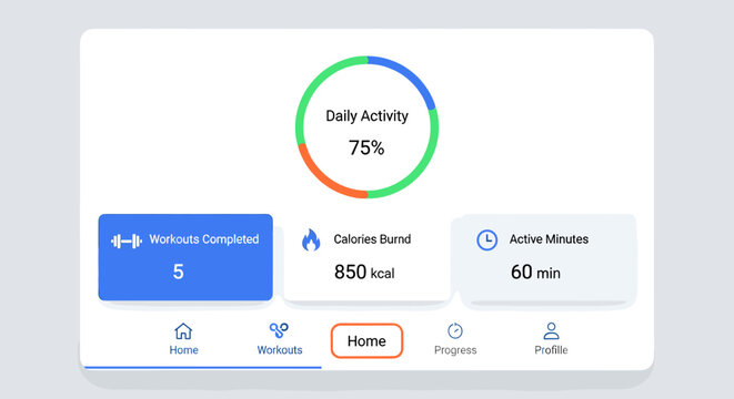 Mobile fitness tracking app dashboard displaying daily activity, workout progress, calories burnt, and active minutes.