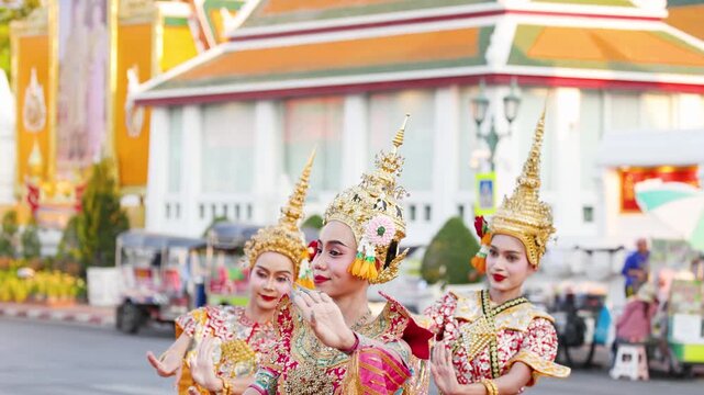 Traditional Thai Khon Manohra Dancers Performing at Wat Suthat Temple in Bangkok
