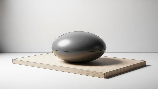 Sleek minimalist dark gray ellipsoidal object resting on a light wooden display plinth against a
