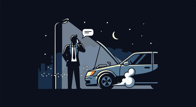 A man in a suit stands by a broken-down car at night, on the phone
