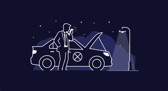 Man calls for help by broken car under starry night sky