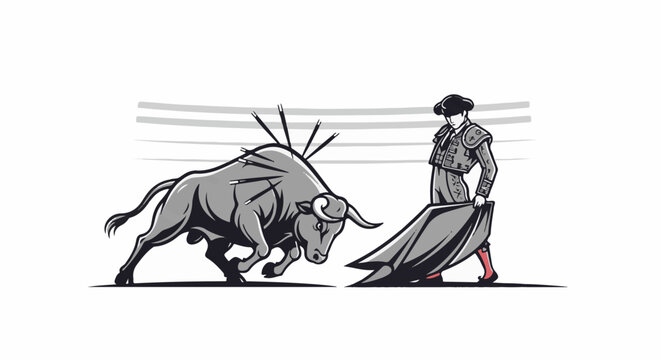 A bullfight with a bull charging a matador in a stylized arena