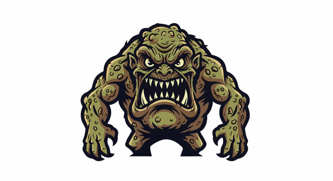 Fearsome, green, scaly monster with sharp teeth, bared