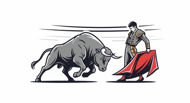 Stylized bull and matador confront each other in a dramatic duel