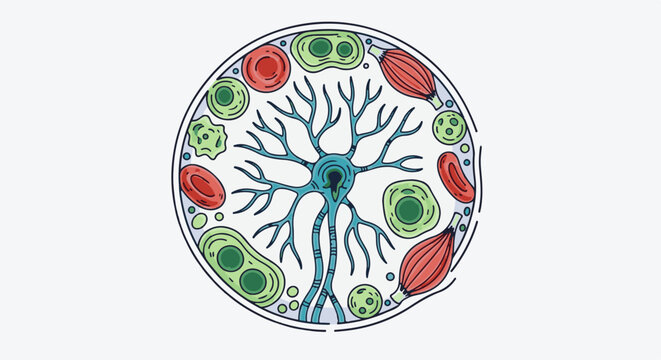 Stylized circular diagram of a neuron with various cells and tissues