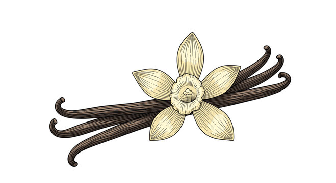 Botanical illustration of an orchid-like vanilla flower with long vanilla beans in soft yellow and dark brown colors.