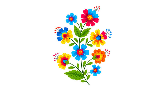 Colorful Mexican folk art flower bouquet illustration isolated on transparent background