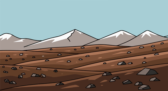 Stylized mountain landscape with snowy peaks and rocky terrain
