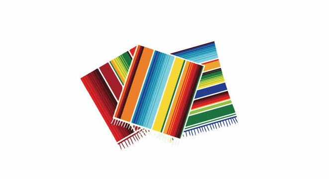 Three colorful serape blankets with fringe on a white background