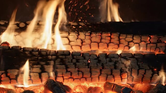 Troncos ardiendo en chimenea r&uacute;stica con brasas brillantes y chispas, ambiente acogedor para celebraciones de Cinco de Mayo, fuego tradicional mexicano para cenas y parrilladas.