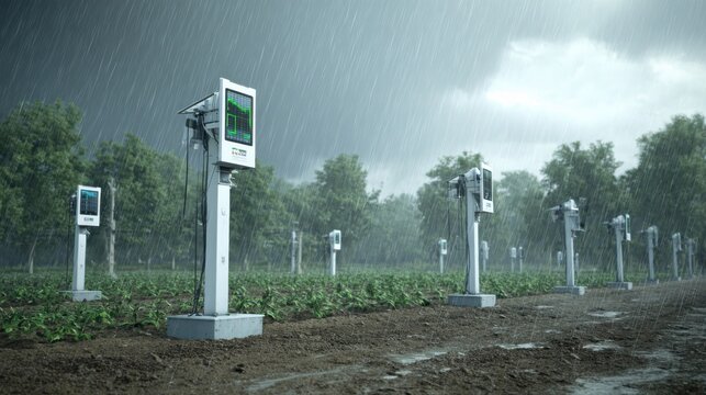 Weather monitoring sensors in a field during a rain shower, providing crucial environmental data and agricultural insights