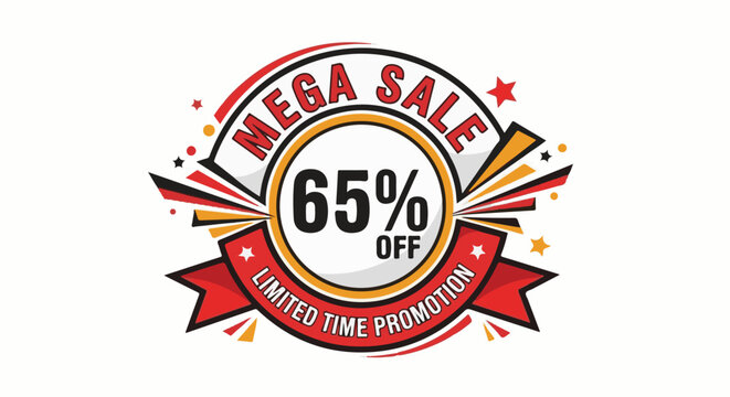Vibrant mega sale graphic with 65% off for a limited time promotion