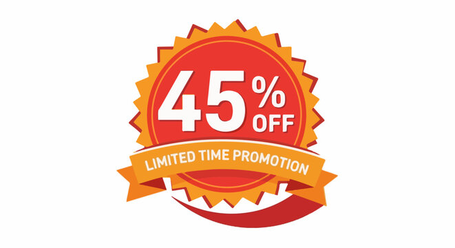 A bright red and orange badge highlights a "45% OFF" promotion with a ribbon