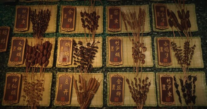 Chengdu, Sichuan, China. Insects on sticks at local Chinese market. Various cooked insects thread on skewers. New Source Of Protein, Lipids, Minerals And Vitamins. Fried Insects Sichuan Snack. Roasted