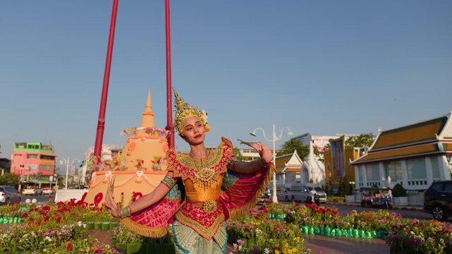 Traditional Thai Khon Manohra Dancer Performs at Wat Suthat in Bangkok