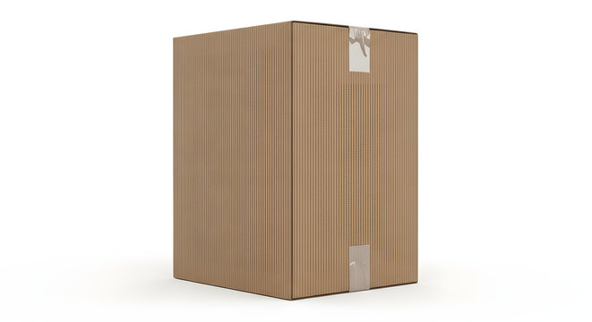 Single sturdy brown cardboard box, taped shut and isolated on a pristine white surface, ideal for shipping, moving, or secure storage, symbolizing e-commerce and logistics solutions